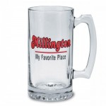 A custom printed glass beer stein with handle